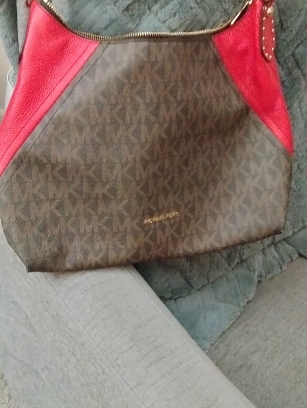 Michael Kors Brown MK Monogram Shoulder Bag with Red Accents